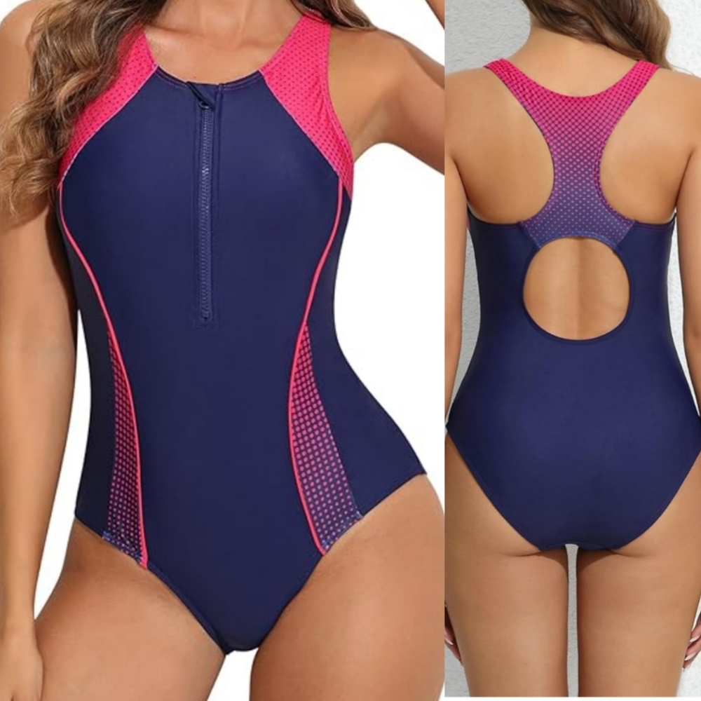 Womens One Piece Front Zip Racer Back Athletic Swimsuit/Bathingsuit Size XL